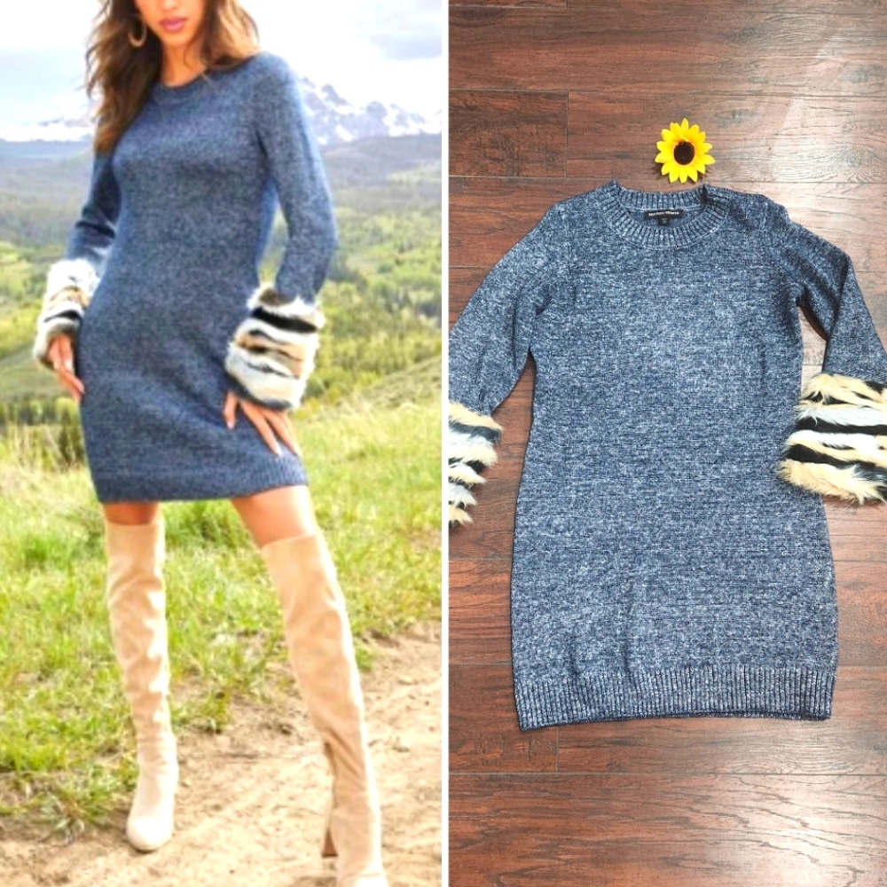 Boston Proper Faux Fur Cuff Lurex Sweater Dress